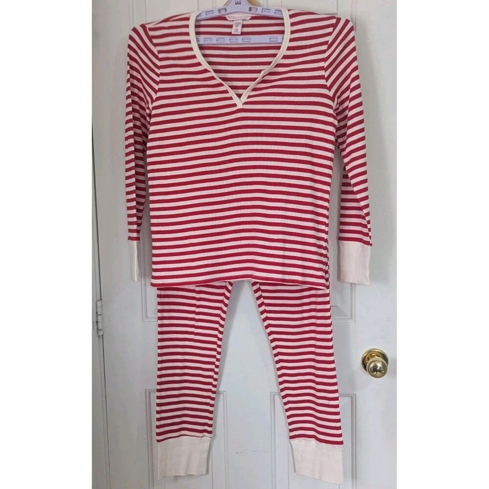 Victorias Secret Thermal Pajama Set Sleepwear Womens Large Red White Stripe Logo